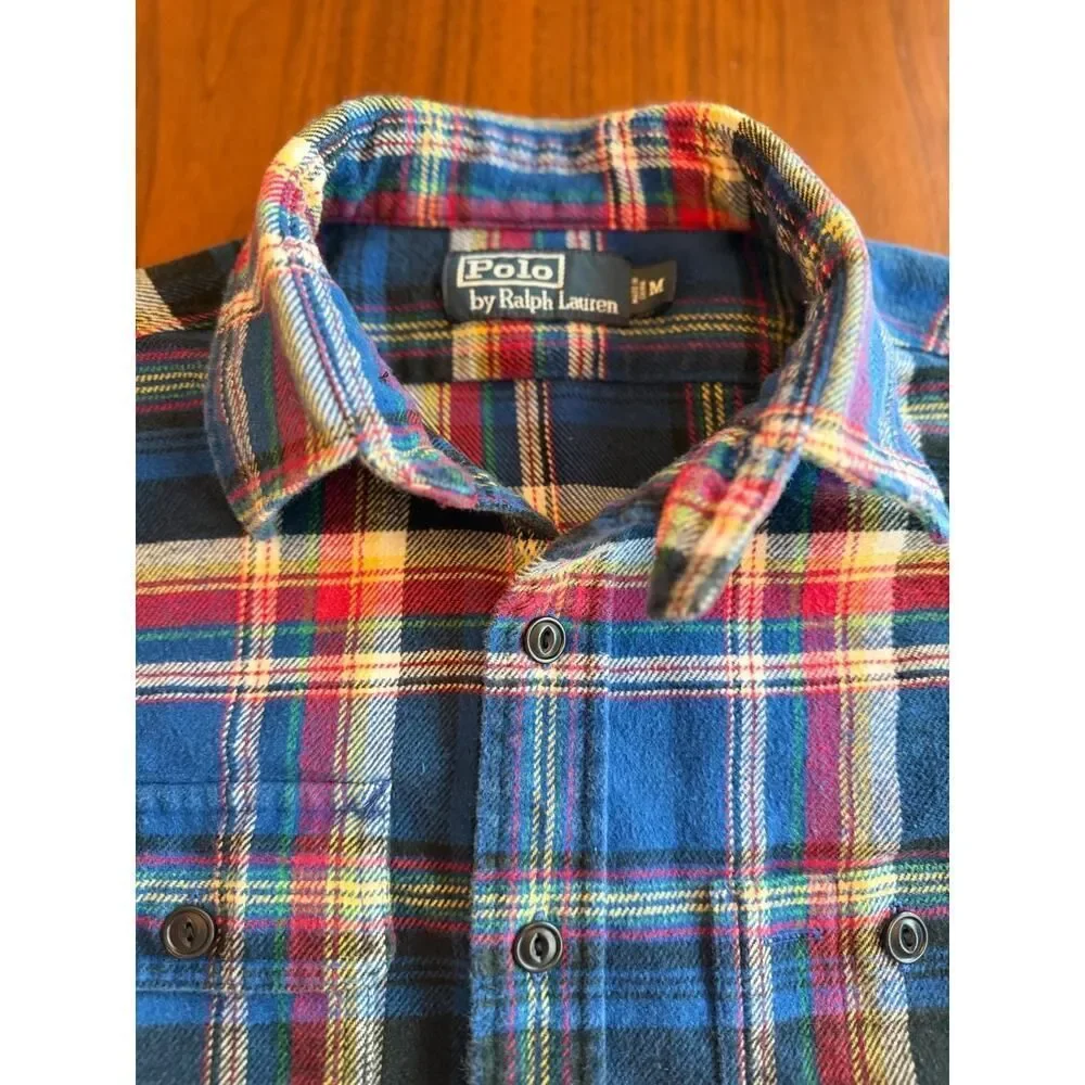 Vintage Polo Ralph Lauren Royal Blue Plaid Flannel Work Shirt - Size Medium